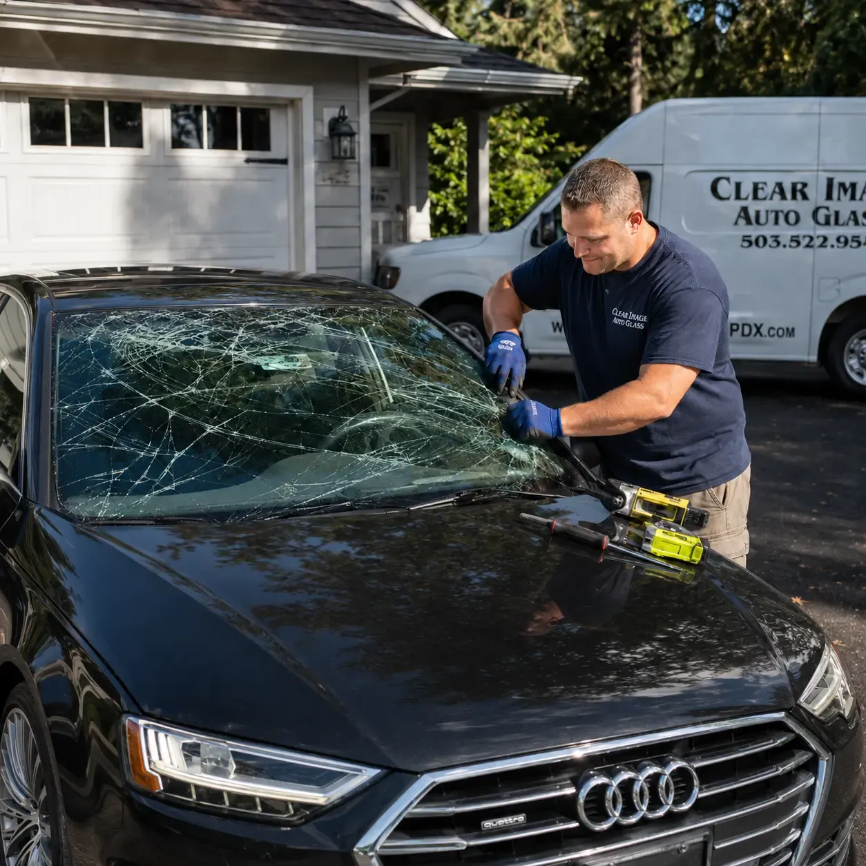 Cracked windshield before replacement